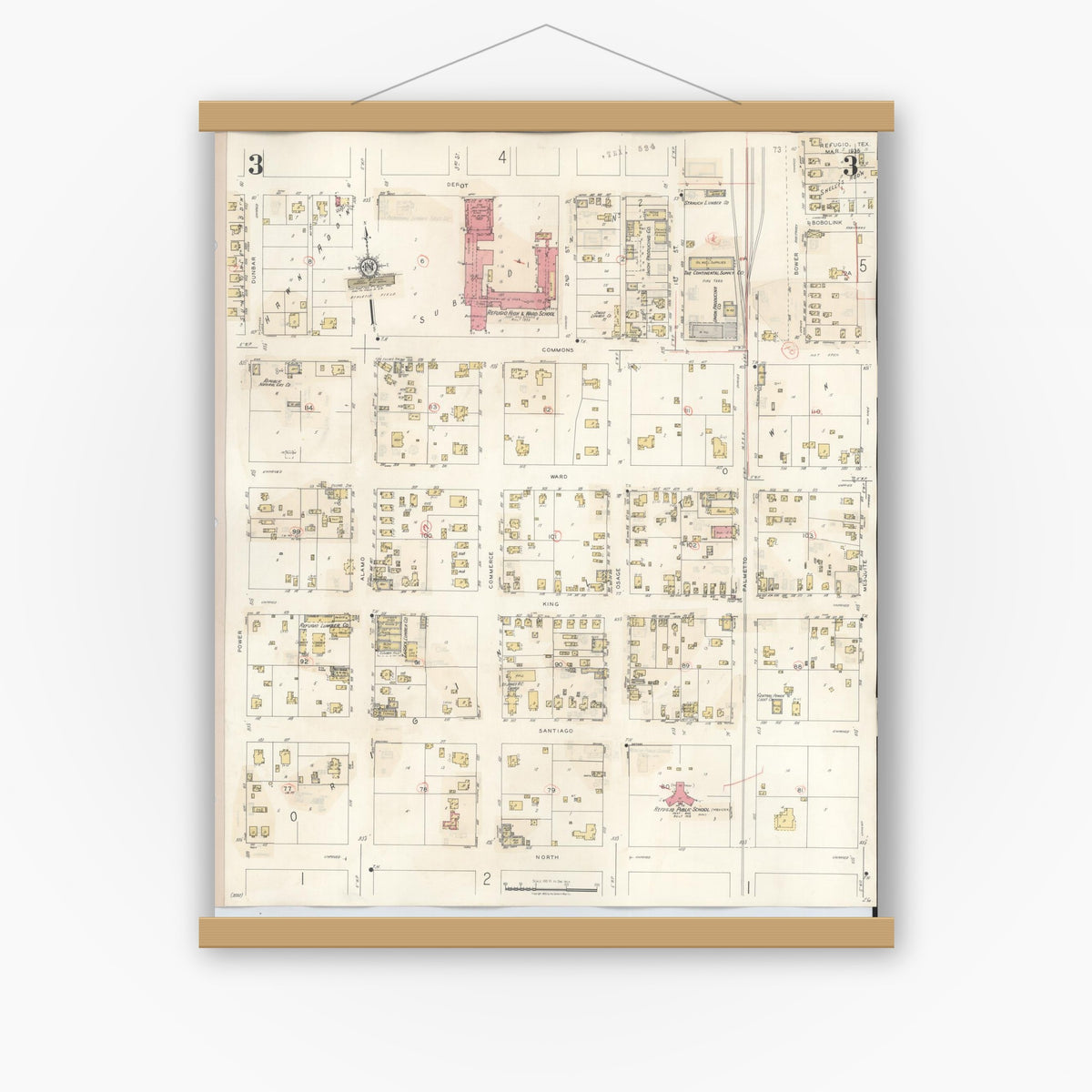 Old map wall art mockup — magnetic wood frame on white wall — Sanborn Fire Insurance Map from Refugio, Refugio County, Texas (1942), Sheet #0003