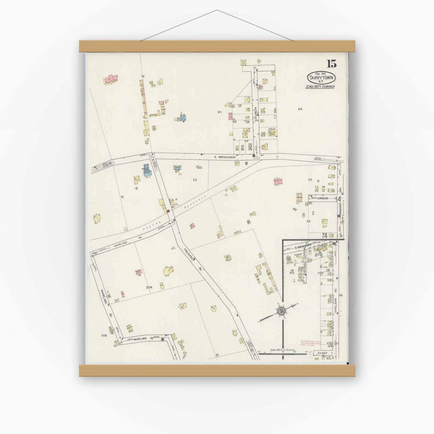 Old map wall art mockup — magnetic wood frame on white wall — Sanborn Fire Insurance Map from Tarrytown, Westchester County, New York (1915), Sheet #0015