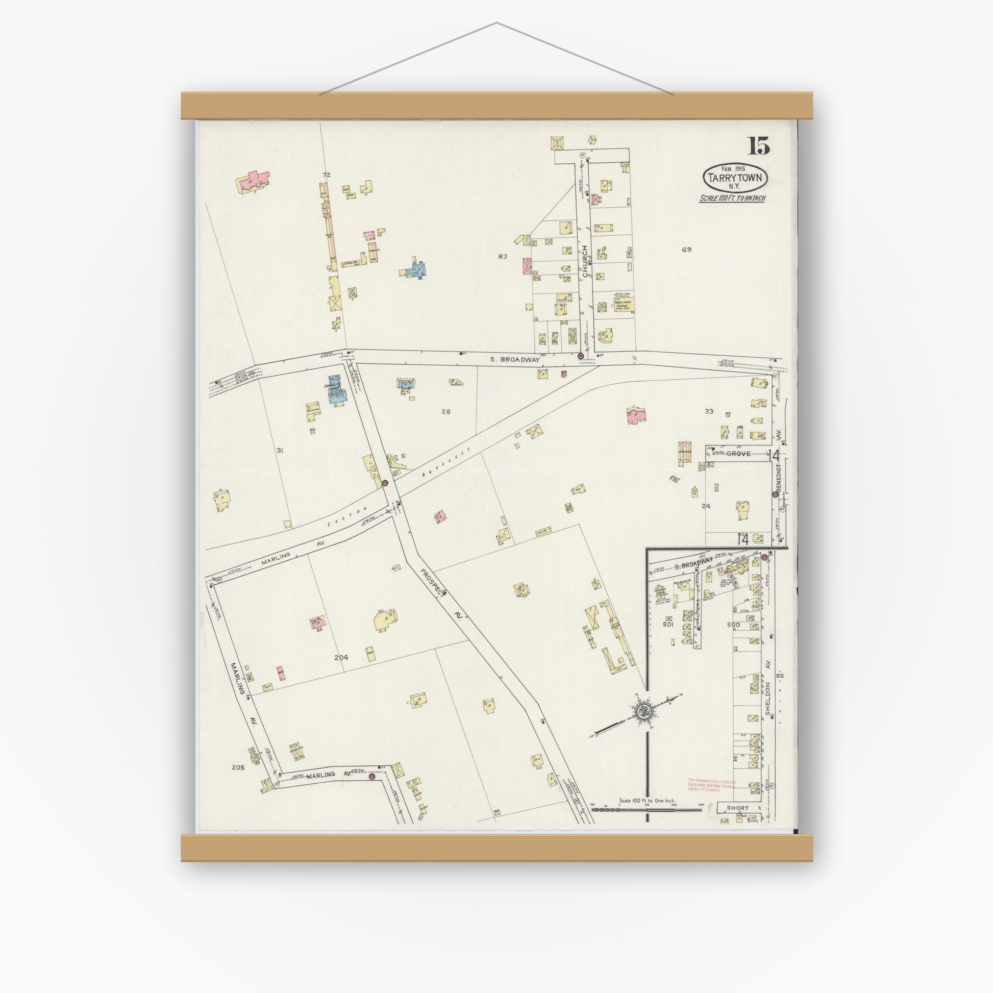 Old map wall art mockup — magnetic wood frame on white wall — Sanborn Fire Insurance Map from Tarrytown, Westchester County, New York (1915), Sheet #0015