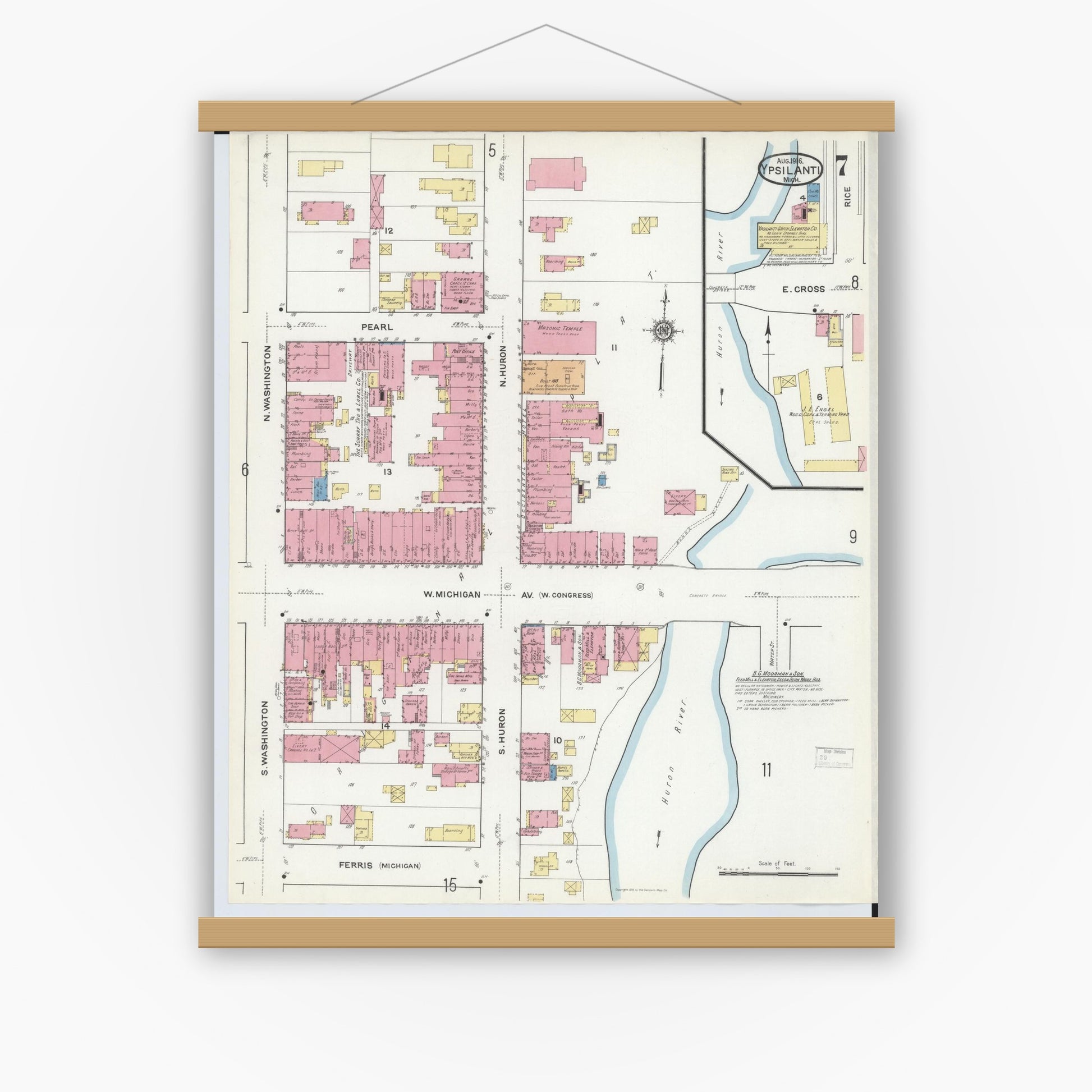 Old map wall art mockup — magnetic wood frame on white wall — Sanborn Fire Insurance Map from Ypsilanti, Washtenaw County, Michigan (1916), Sheet #0007