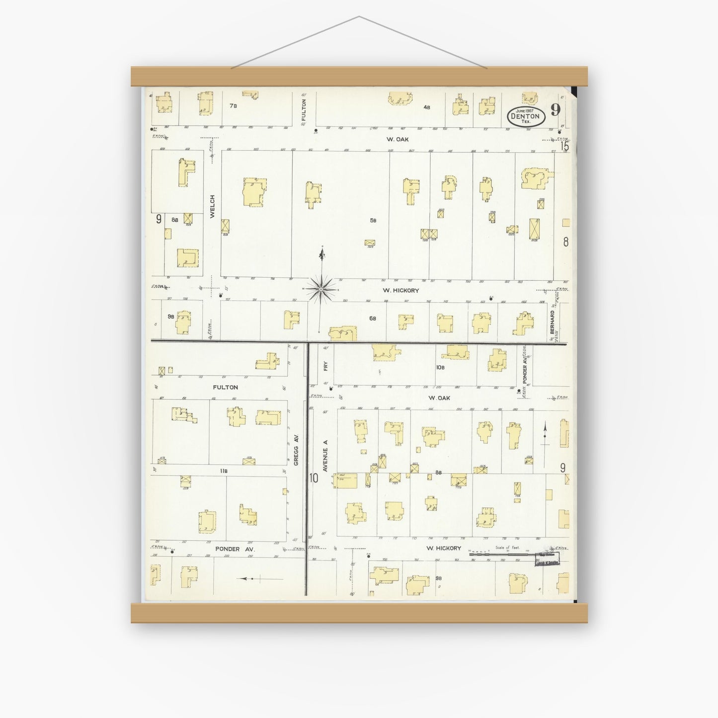 Old map wall art mockup — magnetic wood frame on white wall — Sanborn Fire Insurance Map from Denton, Denton County, Texas (1907), Sheet #0009