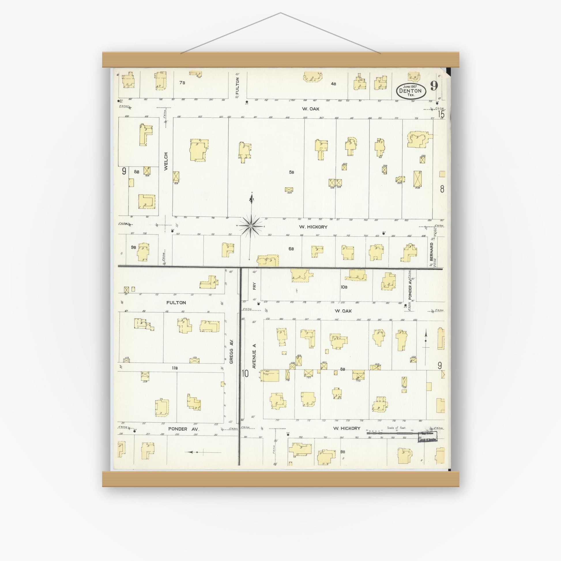 Old map wall art mockup — magnetic wood frame on white wall — Sanborn Fire Insurance Map from Denton, Denton County, Texas (1907), Sheet #0009