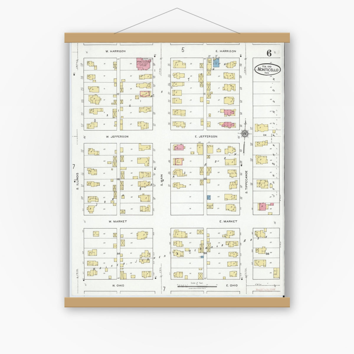 Old map wall art mockup — magnetic wood frame on white wall — Sanborn Fire Insurance Map from Monticello, White County, Indiana (1919), Sheet #0006