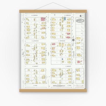 Old map wall art mockup — magnetic wood frame on white wall — Sanborn Fire Insurance Map from Monticello, White County, Indiana (1919), Sheet #0006