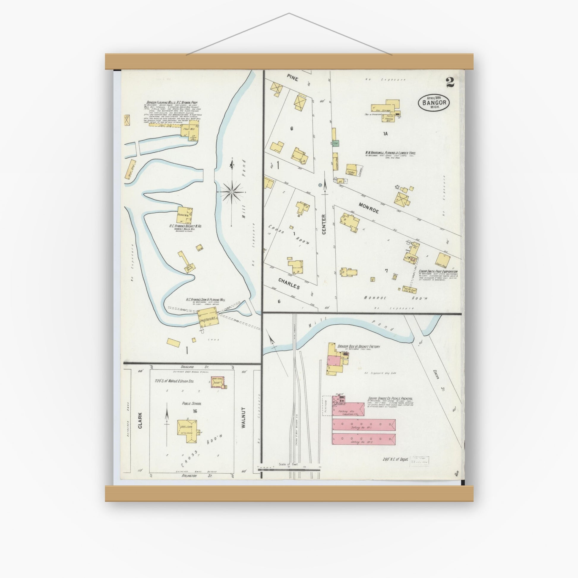 Old map wall art mockup — magnetic wood frame on white wall — Sanborn Fire Insurance Map from Bangor, Van Buren County, Michigan (1899), Sheet #0002