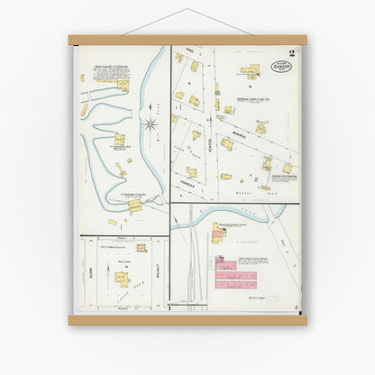 Old map wall art mockup — magnetic wood frame on white wall — Sanborn Fire Insurance Map from Bangor, Van Buren County, Michigan (1899), Sheet #0002