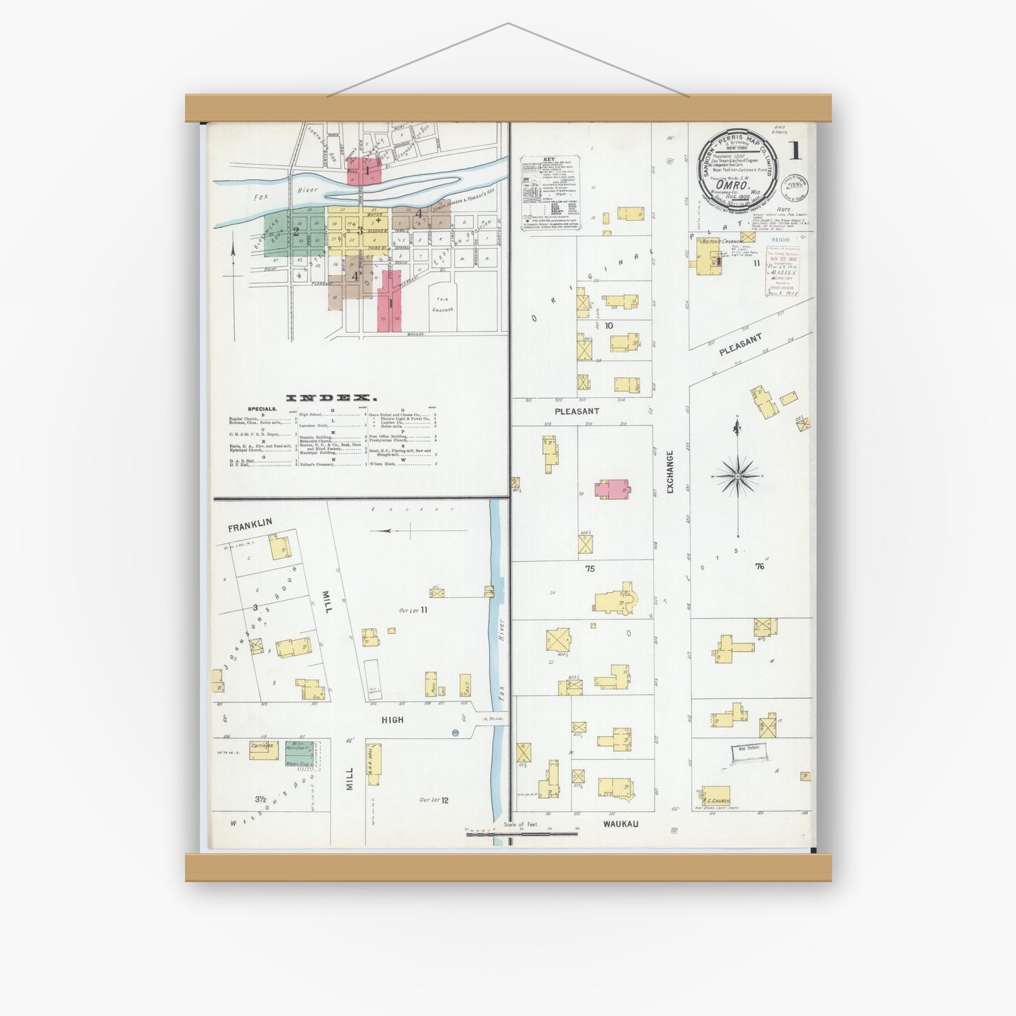 Old map wall art mockup — magnetic wood frame on white wall — Sanborn Fire Insurance Map from Omro, Winnebago County, Wisconsin (1900), Sheet #0001