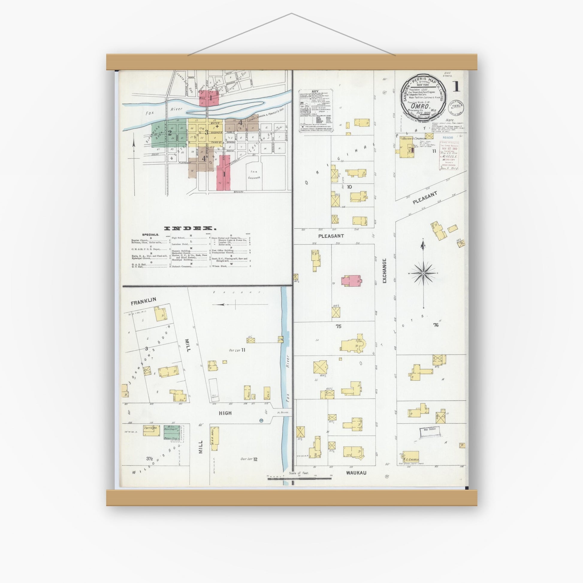 Old map wall art mockup — magnetic wood frame on white wall — Sanborn Fire Insurance Map from Omro, Winnebago County, Wisconsin (1900), Sheet #0001