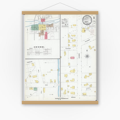 Old map wall art mockup — magnetic wood frame on white wall — Sanborn Fire Insurance Map from Omro, Winnebago County, Wisconsin (1900), Sheet #0001