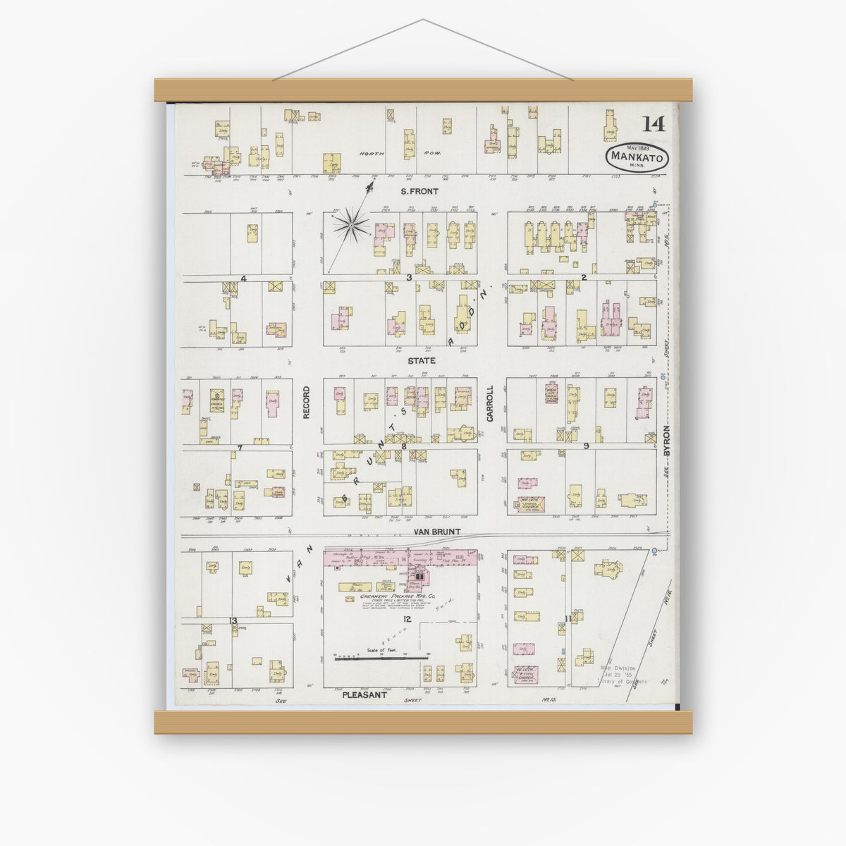 Old map wall art mockup — magnetic wood frame on white wall — Sanborn Fire Insurance Map from Mankato, Blue Earth County, Minnesota (1889), Sheet #0014