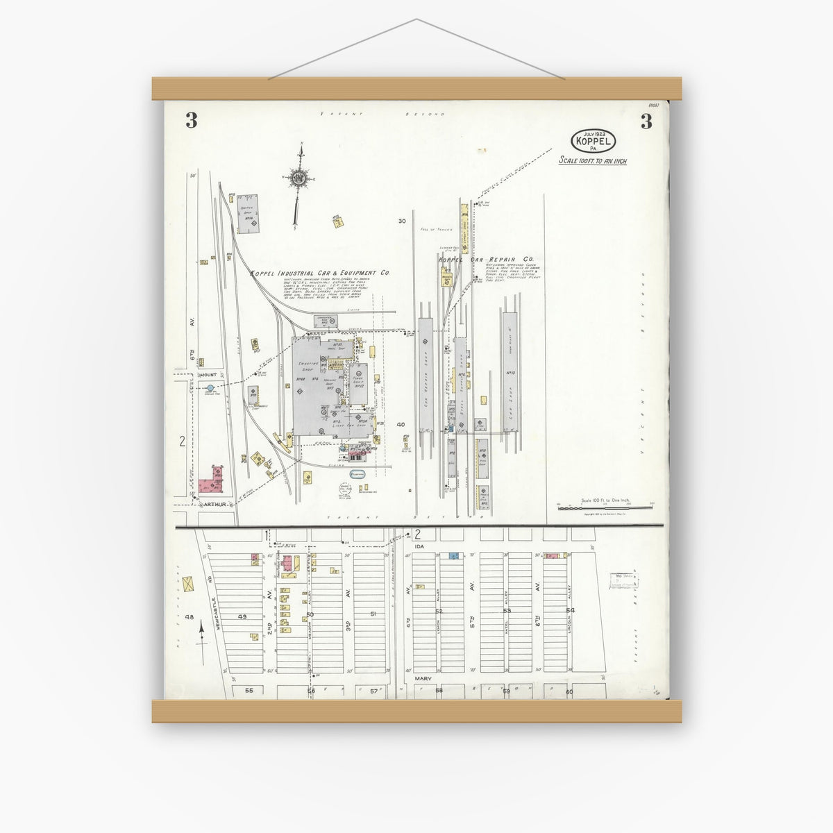 Old map wall art mockup — magnetic wood frame on white wall — Sanborn Fire Insurance Map from Koppel, Beaver County, Pennsylvania (1923), Sheet #0003