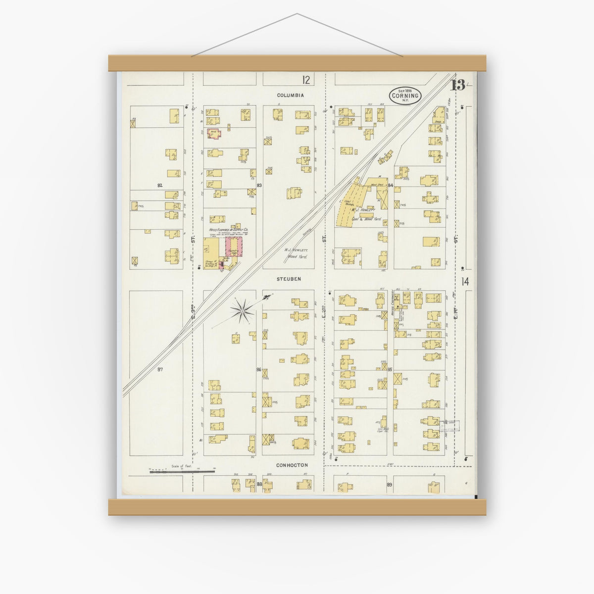 Old map wall art mockup — magnetic wood frame on white wall — Sanborn Fire Insurance Map from Corning, Steuben County, New York (1898), Sheet #0013