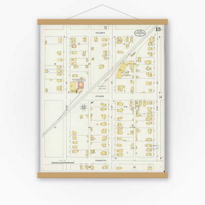 Old map wall art mockup — magnetic wood frame on white wall — Sanborn Fire Insurance Map from Corning, Steuben County, New York (1898), Sheet #0013