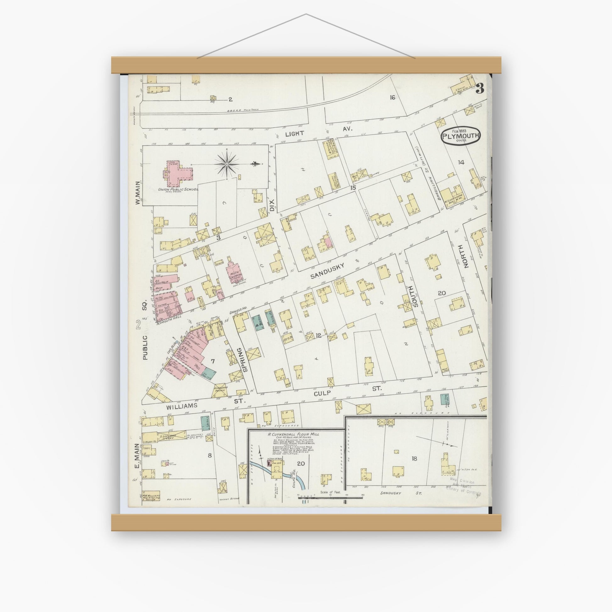 Old map wall art mockup — magnetic wood frame on white wall — Sanborn Fire Insurance Map from Plymouth, Huron And Richland Counties, Ohio (1893), Sheet #0003