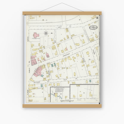 Old map wall art mockup — magnetic wood frame on white wall — Sanborn Fire Insurance Map from Plymouth, Huron And Richland Counties, Ohio (1893), Sheet #0003