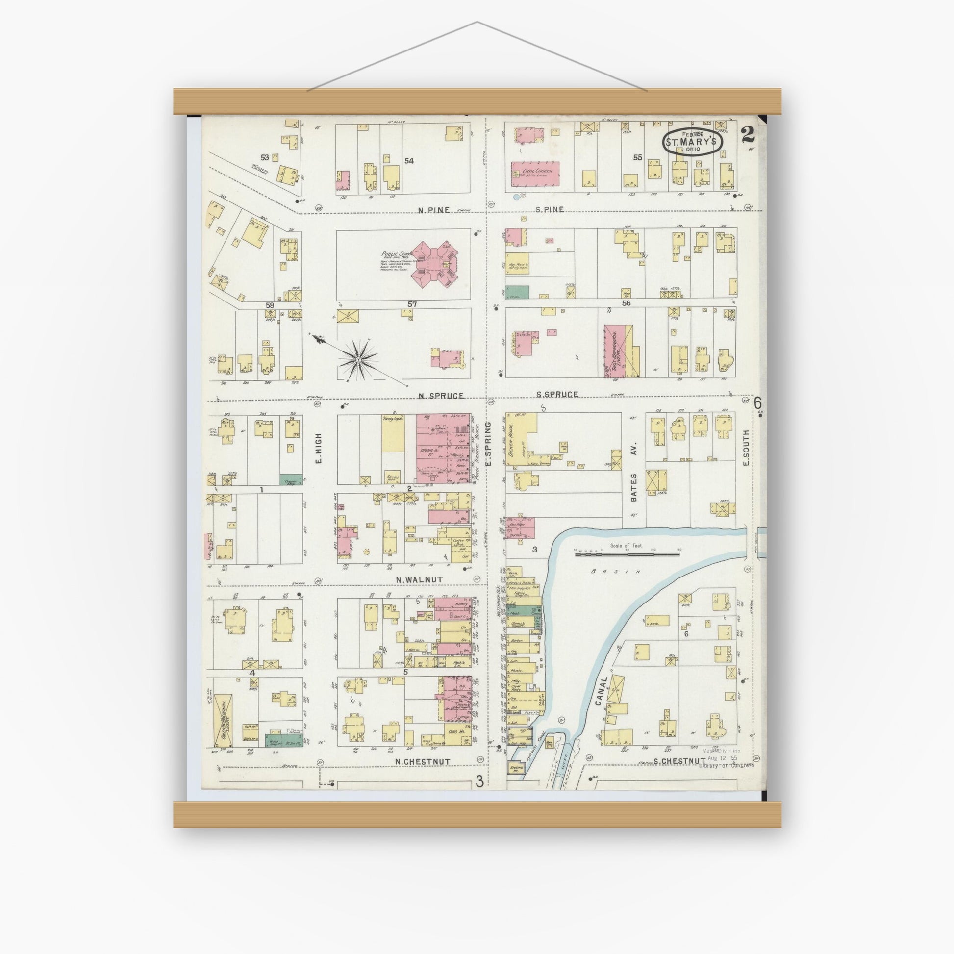 Old map wall art mockup — magnetic wood frame on white wall — Sanborn Fire Insurance Map from Saint Marys, Auglaize County, Ohio (1896), Sheet #0002
