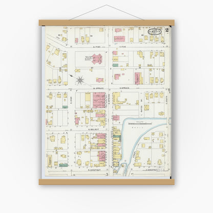 Old map wall art mockup — magnetic wood frame on white wall — Sanborn Fire Insurance Map from Saint Marys, Auglaize County, Ohio (1896), Sheet #0002