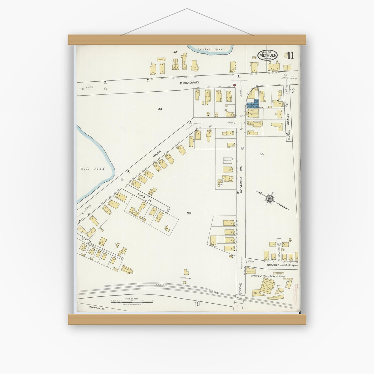 Old map wall art mockup — magnetic wood frame on white wall — Sanborn Fire Insurance Map from Methuen, Essex County, Massachusetts (1919), Sheet #0011