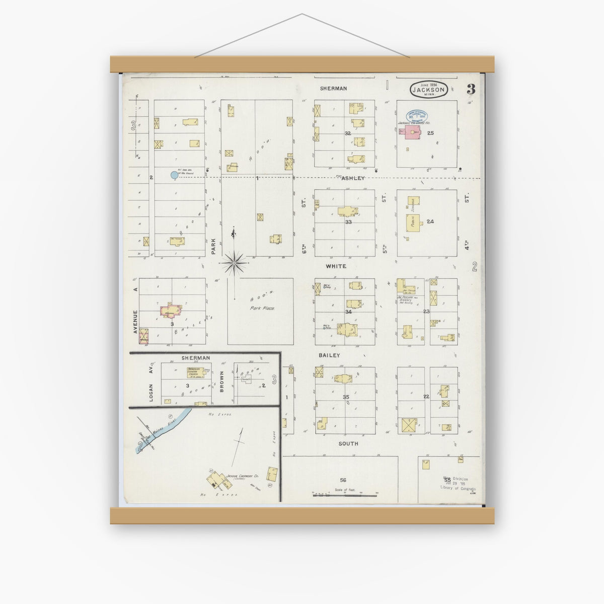 Old map wall art mockup — magnetic wood frame on white wall — Sanborn Fire Insurance Map from Jackson, Jackson County, Minnesota (1894), Sheet #0003