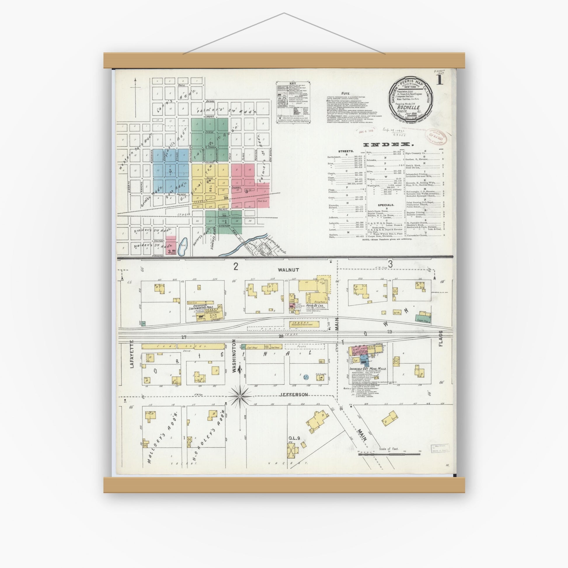 Old map wall art mockup — magnetic wood frame on white wall — Sanborn Fire Insurance Map from Rochelle, Ogle County, Illinois (1899) - Complete Map Set