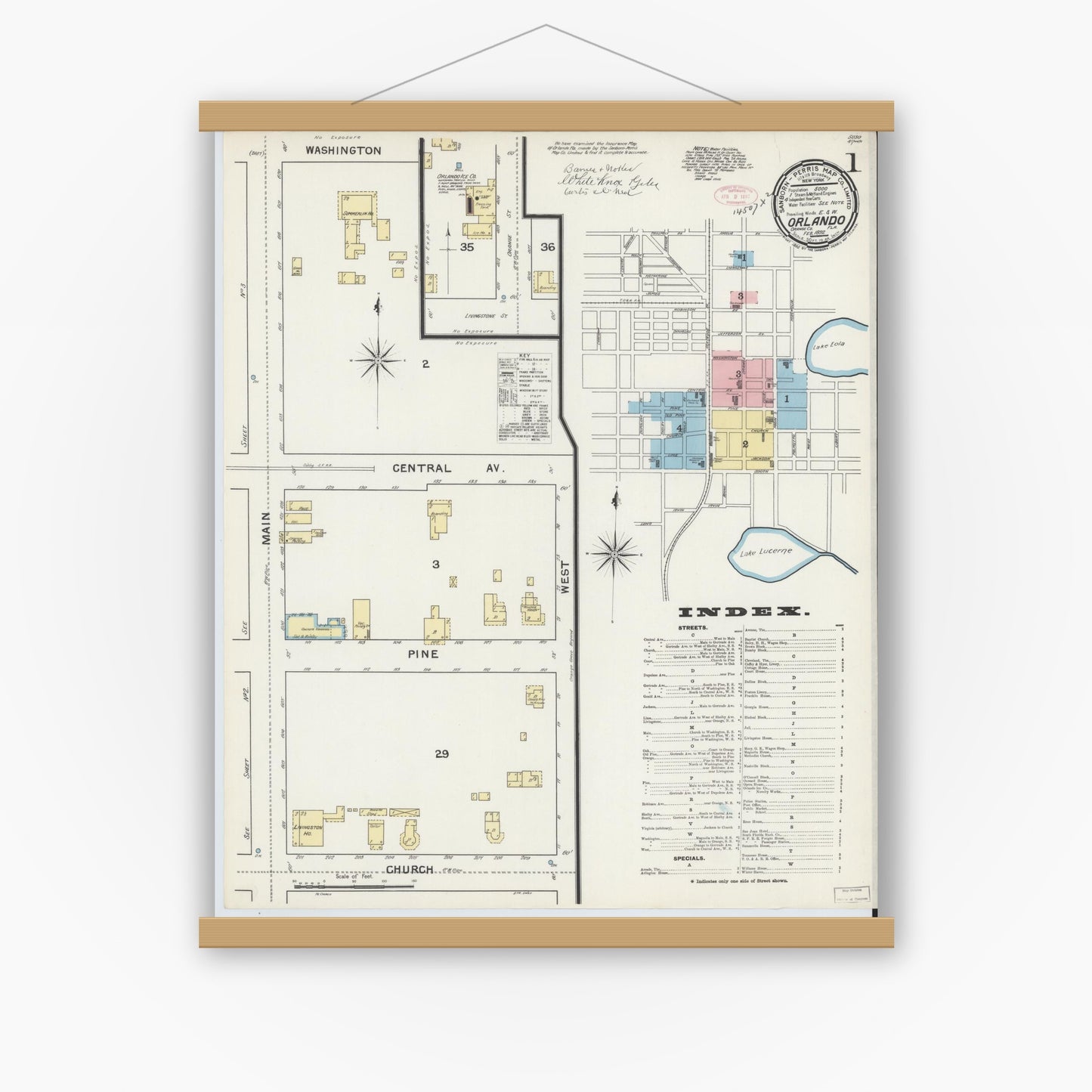 Old map wall art mockup — magnetic wood frame on white wall — Sanborn Fire Insurance Map from Orlando, Orange County, Florida (1892), Sheet #0001
