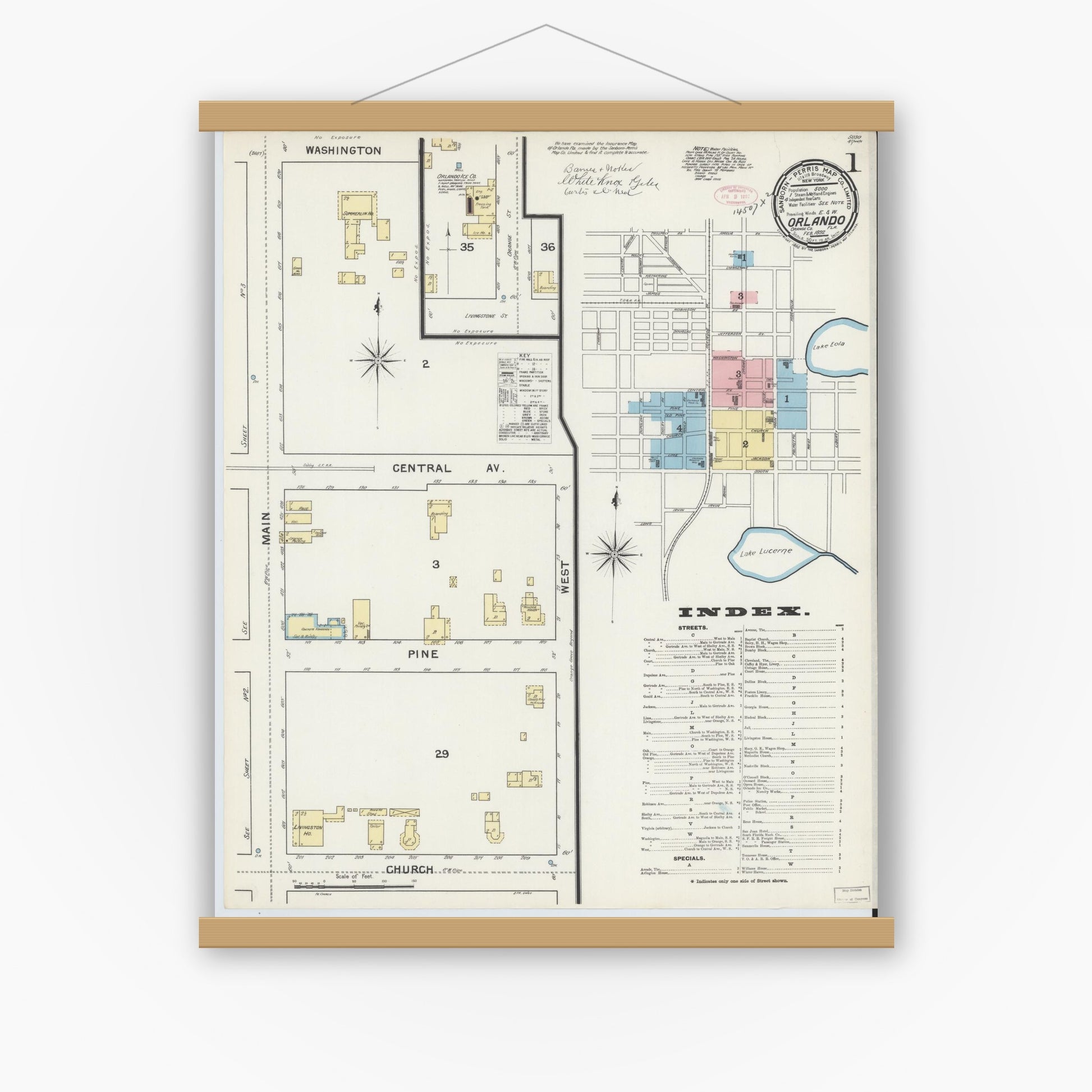 Old map wall art mockup — magnetic wood frame on white wall — Sanborn Fire Insurance Map from Orlando, Orange County, Florida (1892), Sheet #0001