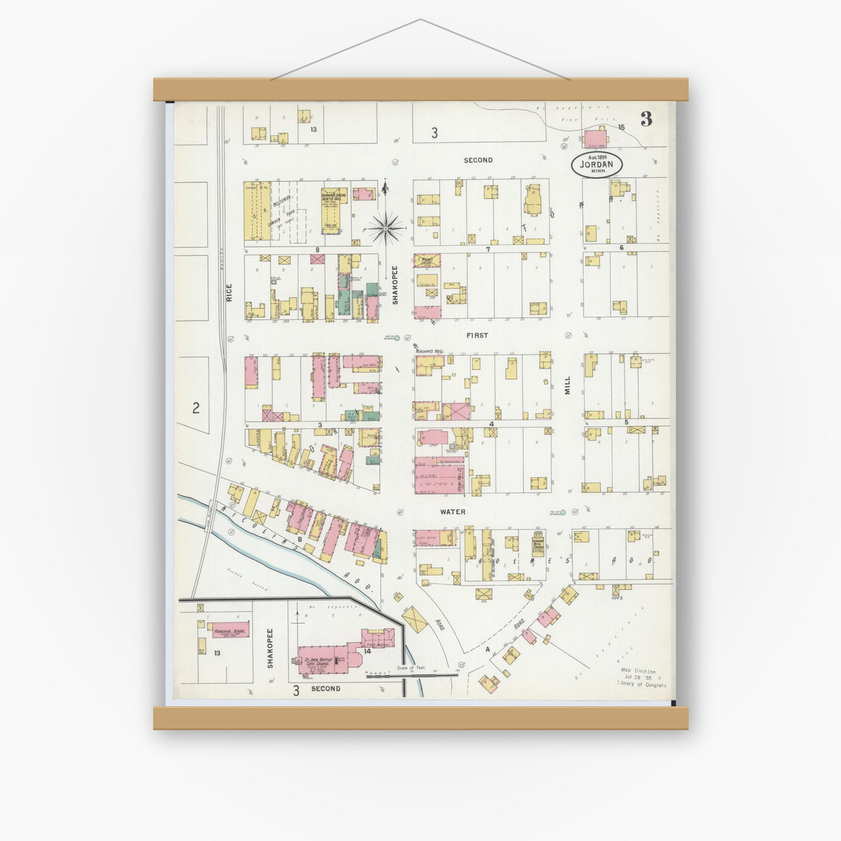 Old map wall art mockup — magnetic wood frame on white wall — Sanborn Fire Insurance Map from Jordan, Scott County, Minnesota (1899), Sheet #0003