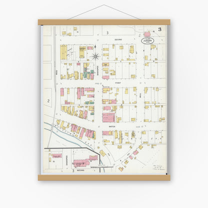 Old map wall art mockup — magnetic wood frame on white wall — Sanborn Fire Insurance Map from Jordan, Scott County, Minnesota (1899), Sheet #0003