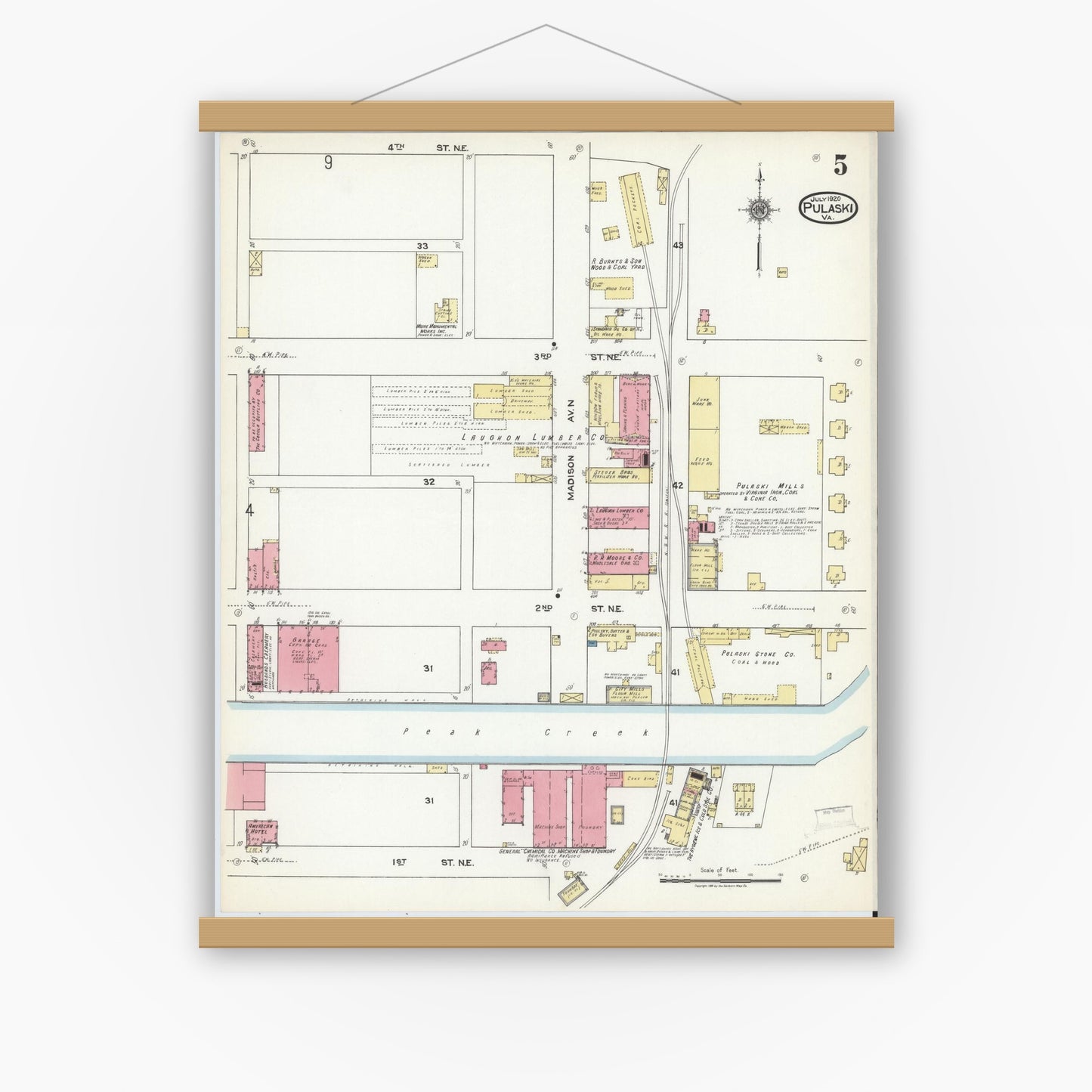 Old map wall art mockup — magnetic wood frame on white wall — Sanborn Fire Insurance Map from Pulaski, Pulaski County, Virginia (1920), Sheet #0005