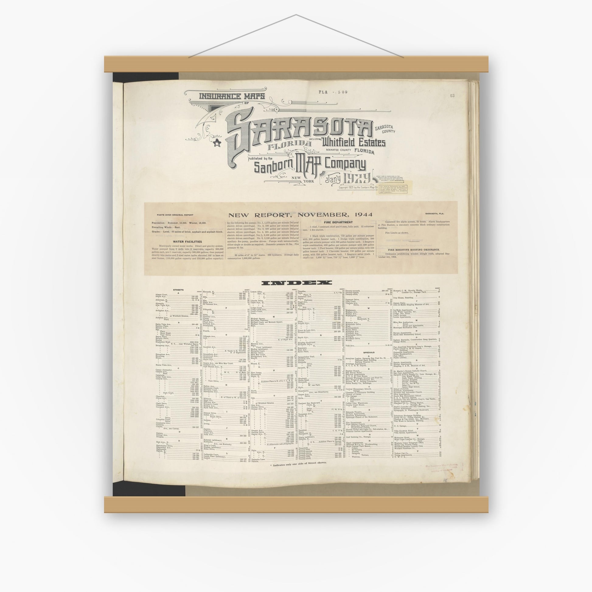 Old map wall art mockup — magnetic wood frame on white wall — Sanborn Fire Insurance Map from Sarasota, Sarasota County, Florida (1948), Sheet #0001