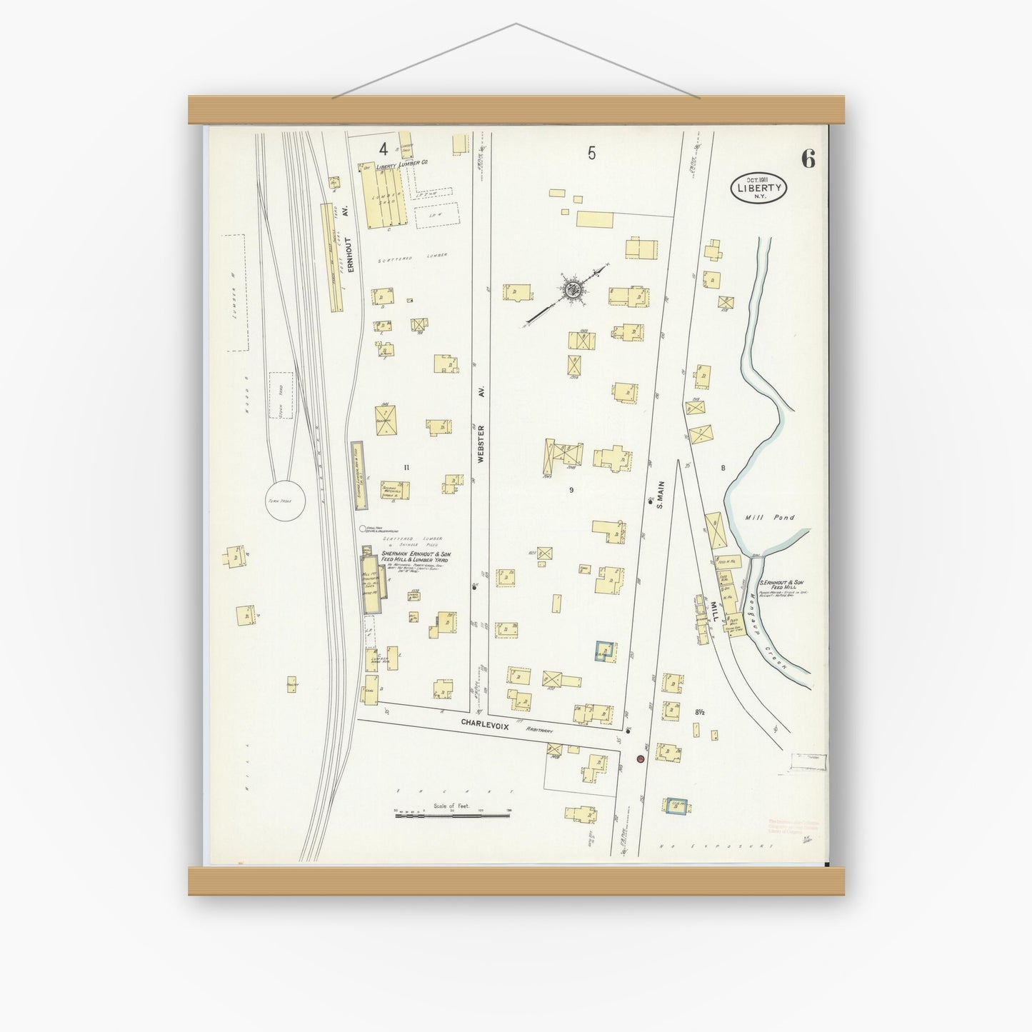 Old map wall art mockup — magnetic wood frame on white wall — Sanborn Fire Insurance Map from Liberty, Sullivan County, New York (1911), Sheet #0006