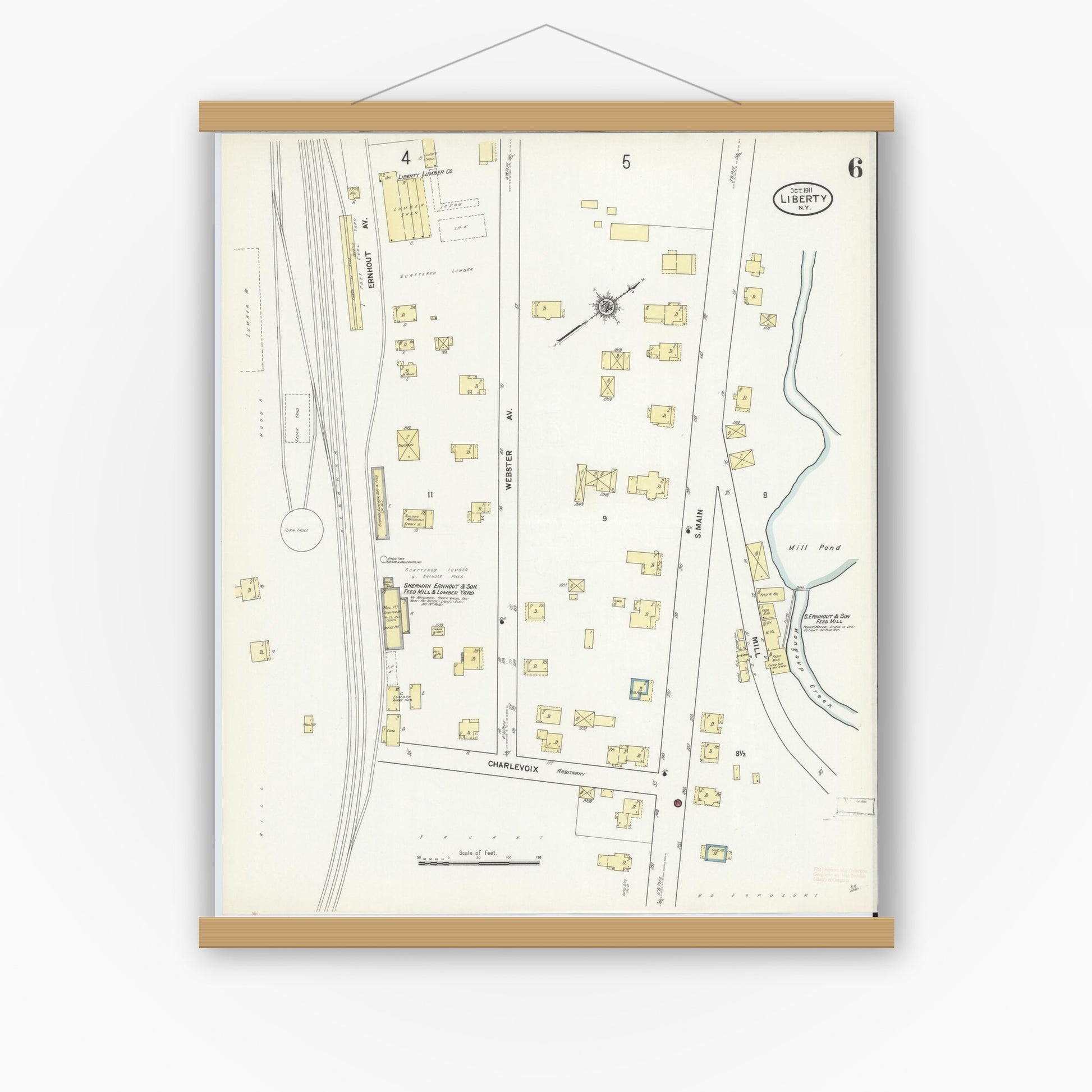 Old map wall art mockup — magnetic wood frame on white wall — Sanborn Fire Insurance Map from Liberty, Sullivan County, New York (1911), Sheet #0006