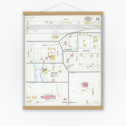 Old map wall art mockup — magnetic wood frame on white wall — Sanborn Fire Insurance Map from New Ulm, Brown County, Minnesota (1905), Sheet #0011