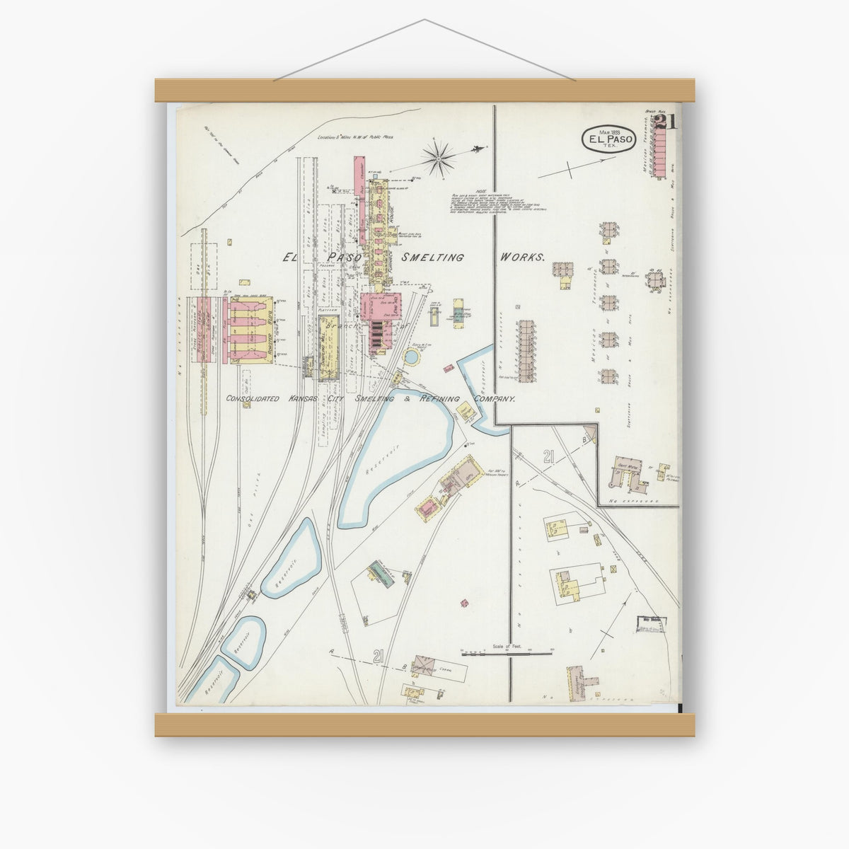 Old map wall art mockup — magnetic wood frame on white wall — Sanborn Fire Insurance Map from El Paso, El Paso County, Texas (1893), Sheet #0021