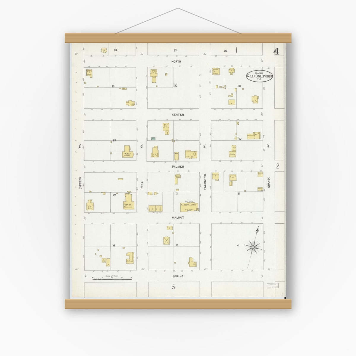 Old map wall art mockup — magnetic wood frame on white wall — Sanborn Fire Insurance Map from Green Cove Springs, Clay County, Florida (1903), Sheet #0004