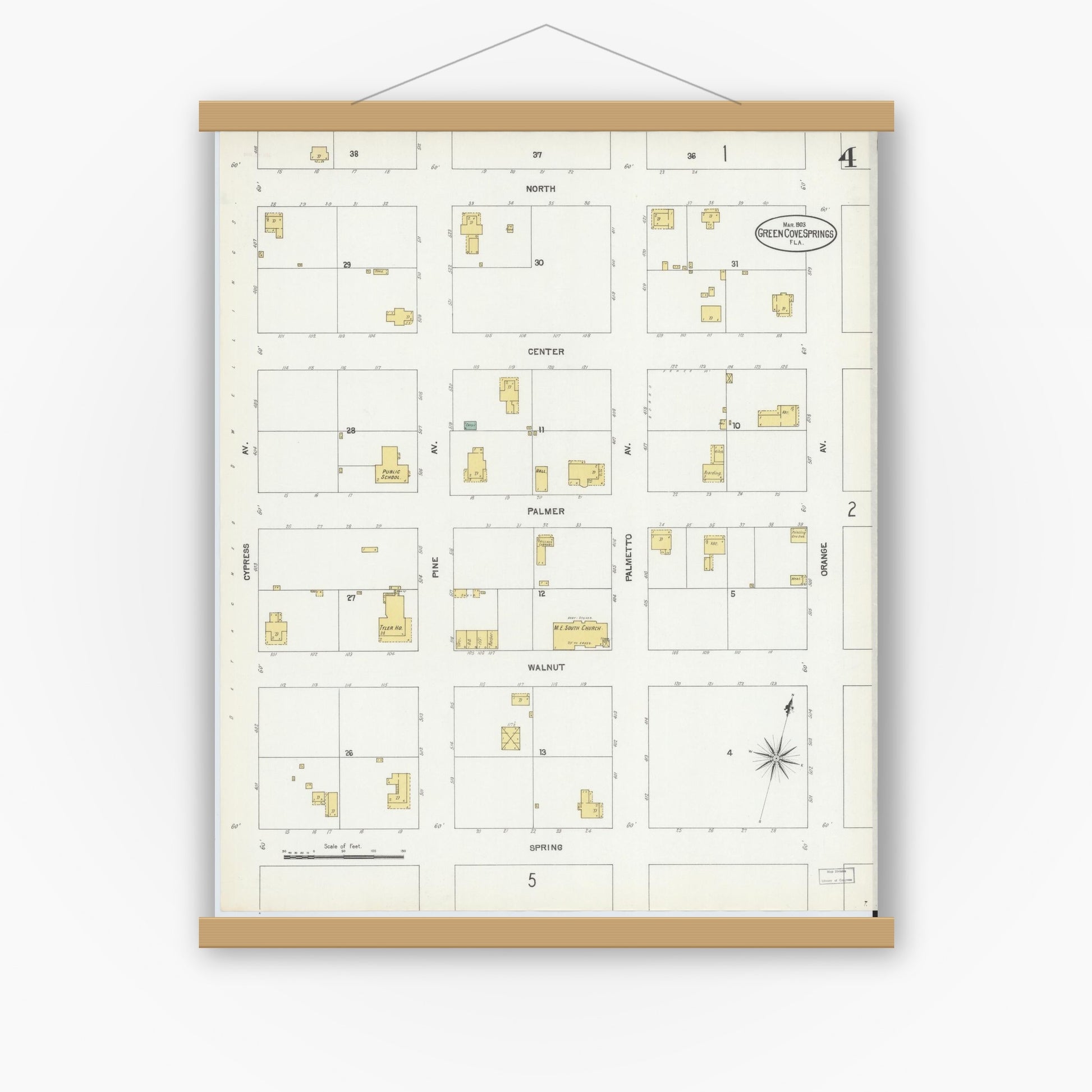 Old map wall art mockup — magnetic wood frame on white wall — Sanborn Fire Insurance Map from Green Cove Springs, Clay County, Florida (1903), Sheet #0004