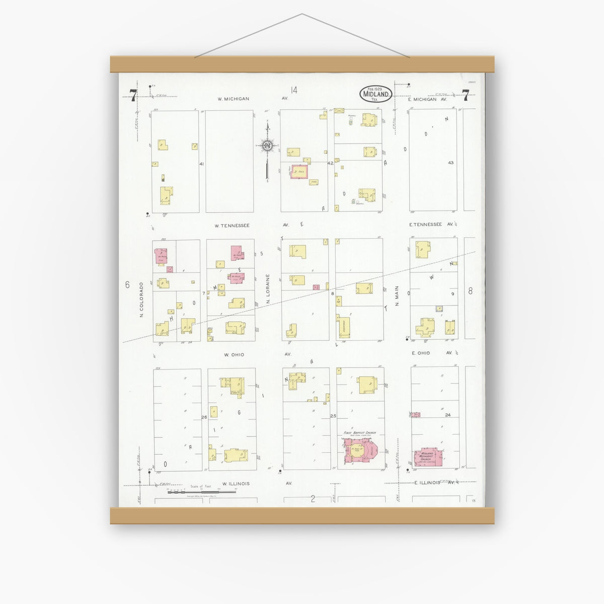 Old map wall art mockup — magnetic wood frame on white wall — Sanborn Fire Insurance Map from Midland, Midland County, Texas (1929), Sheet #0007