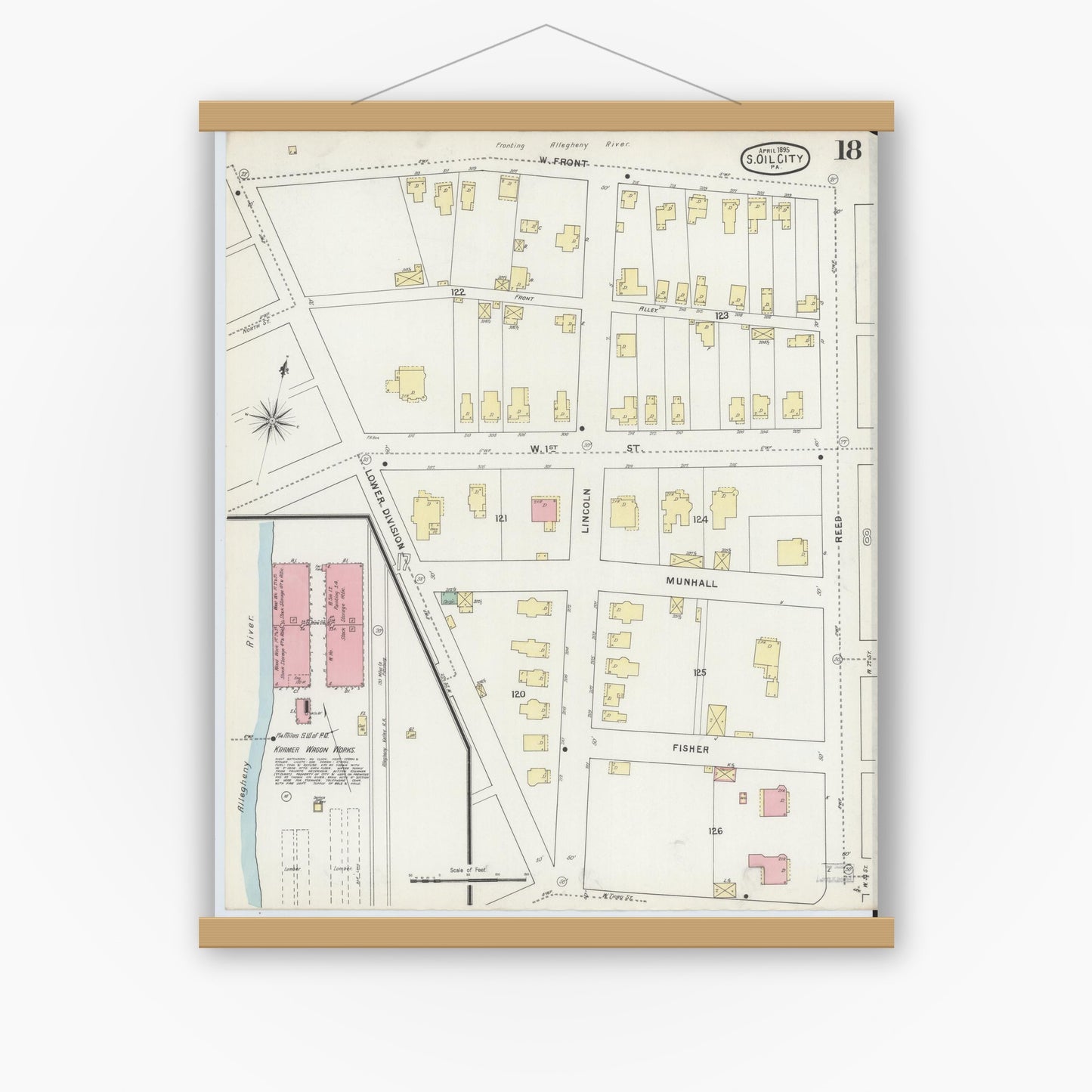 Old map wall art mockup — magnetic wood frame on white wall — Sanborn Fire Insurance Map from Oil City, Venango County, Pennsylvania (1895), Sheet #0018