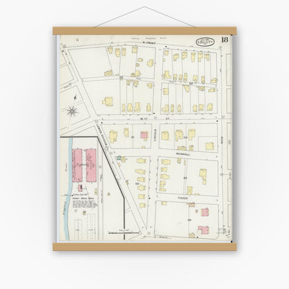 Old map wall art mockup — magnetic wood frame on white wall — Sanborn Fire Insurance Map from Oil City, Venango County, Pennsylvania (1895), Sheet #0018