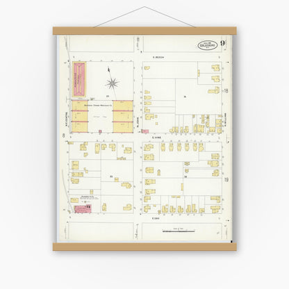 Old map wall art mockup — magnetic wood frame on white wall — Sanborn Fire Insurance Map from Goldsboro, Wayne County, North Carolina (1908), Sheet #0009