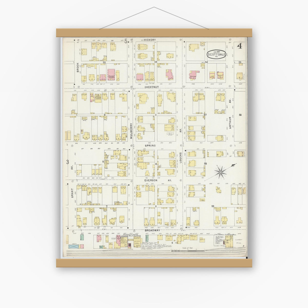 Old map wall art mockup — magnetic wood frame on white wall — Sanborn Fire Insurance Map from Scottdale, Westmoreland County, Pennsylvania (1897), Sheet #0004