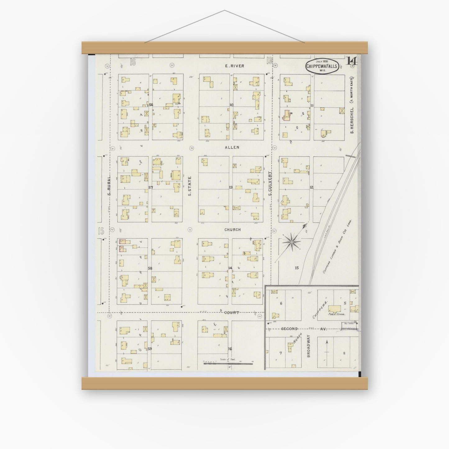 Old map wall art mockup — magnetic wood frame on white wall — Sanborn Fire Insurance Map from Chippewa Falls, Chippewa County, Wisconsin (1895), Sheet #0014