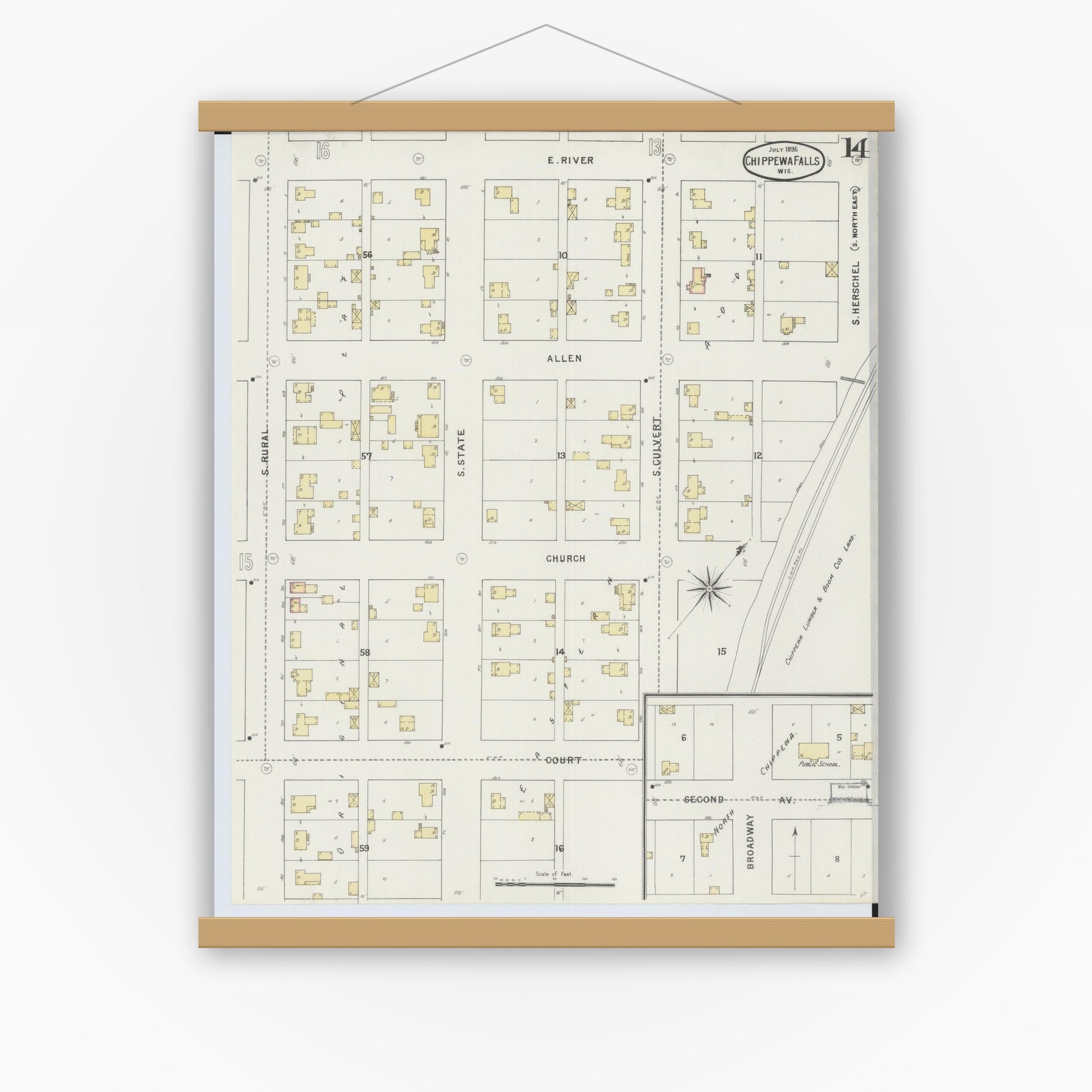 Old map wall art mockup — magnetic wood frame on white wall — Sanborn Fire Insurance Map from Chippewa Falls, Chippewa County, Wisconsin (1895), Sheet #0014