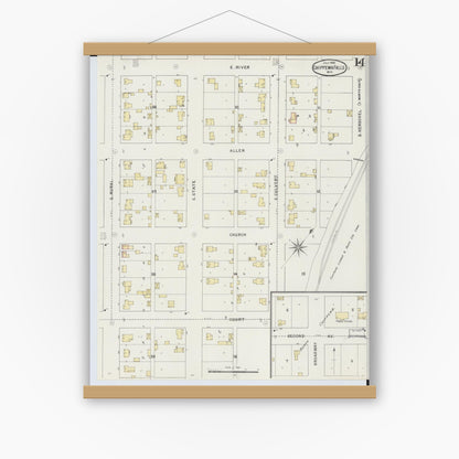 Old map wall art mockup — magnetic wood frame on white wall — Sanborn Fire Insurance Map from Chippewa Falls, Chippewa County, Wisconsin (1895), Sheet #0014