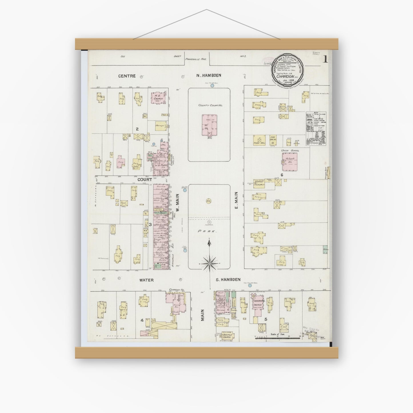 Old map wall art mockup — magnetic wood frame on white wall — Sanborn Fire Insurance Map from Chardon, Geauga County, Ohio (1889), Sheet #0001