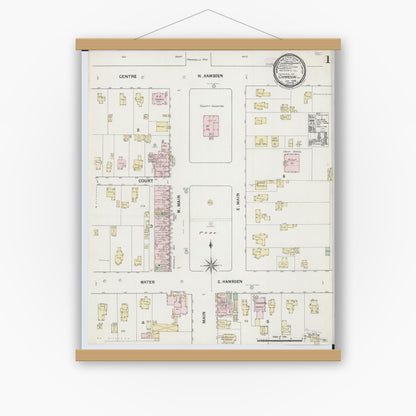 Old map wall art mockup — magnetic wood frame on white wall — Sanborn Fire Insurance Map from Chardon, Geauga County, Ohio (1889), Sheet #0001