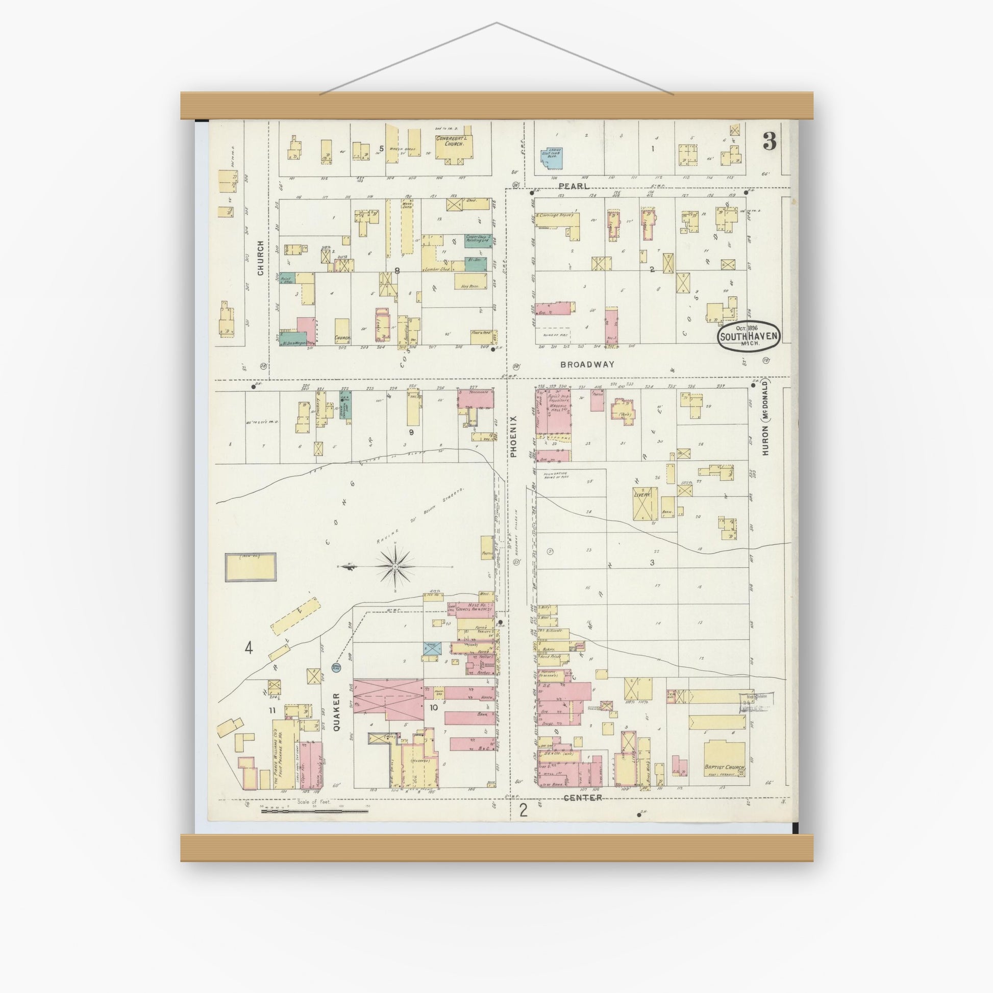 Old map wall art mockup — magnetic wood frame on white wall — Sanborn Fire Insurance Map from South Haven, Van Buren County, Michigan (1896), Sheet #0003