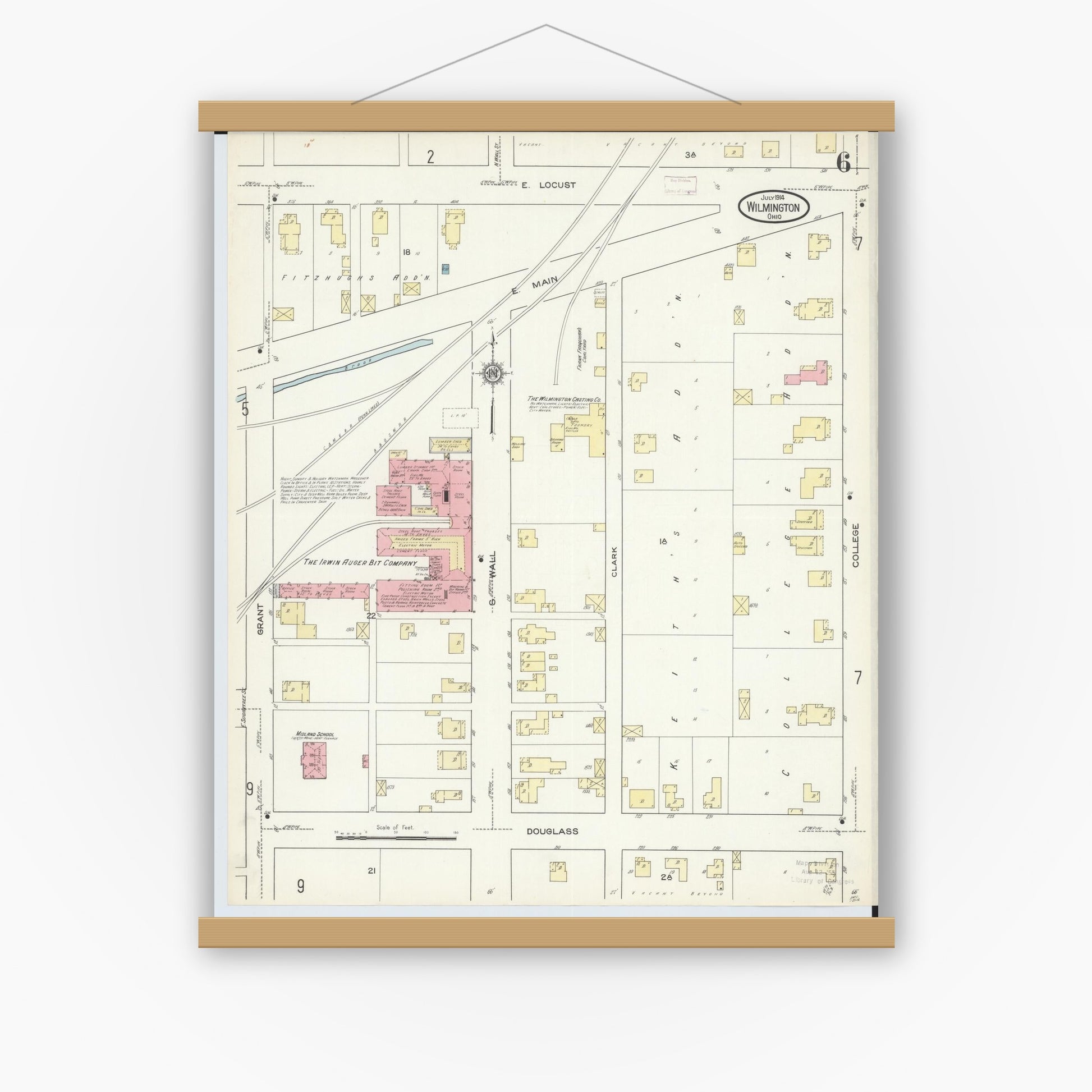 Old map wall art mockup — magnetic wood frame on white wall — Sanborn Fire Insurance Map from Wilmington, Clinton County, Ohio (1914), Sheet #0006