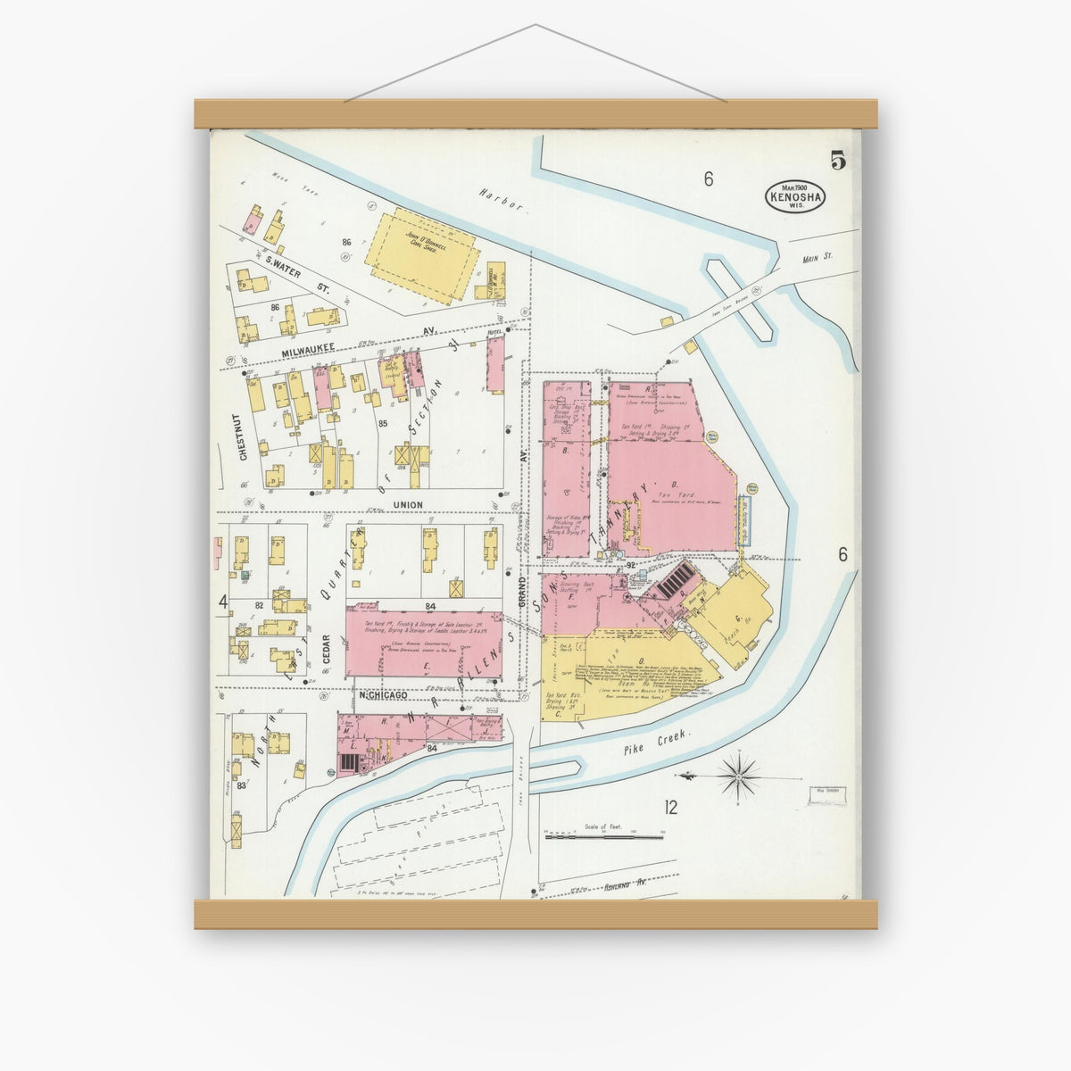 Old map wall art mockup — magnetic wood frame on white wall — Sanborn Fire Insurance Map from Kenosha, Kenosha County, Wisconsin (1900), Sheet #0005