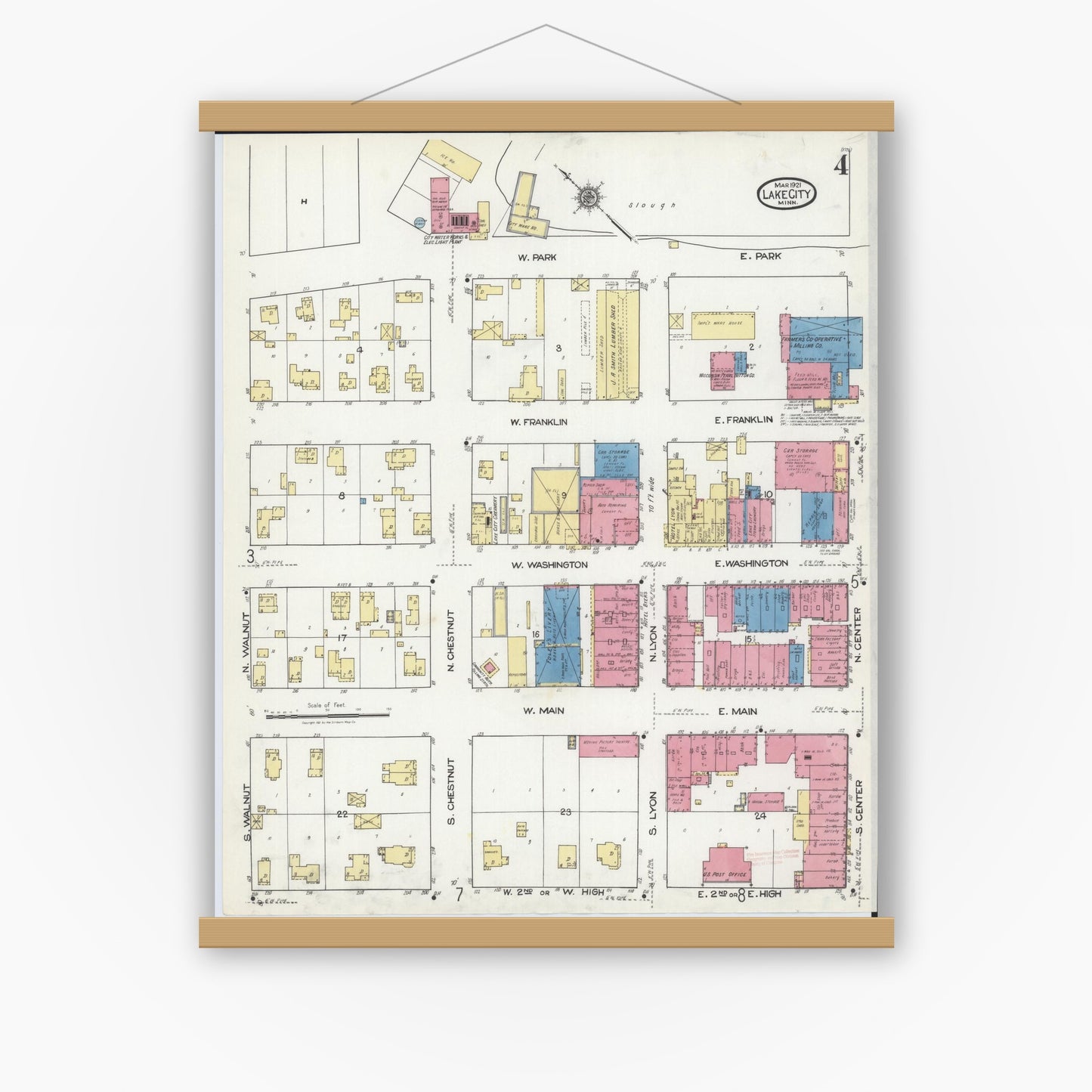 Old map wall art mockup — magnetic wood frame on white wall — Sanborn Fire Insurance Map from Lake City, Wabasha County, Minnesota (1921), Sheet #0004